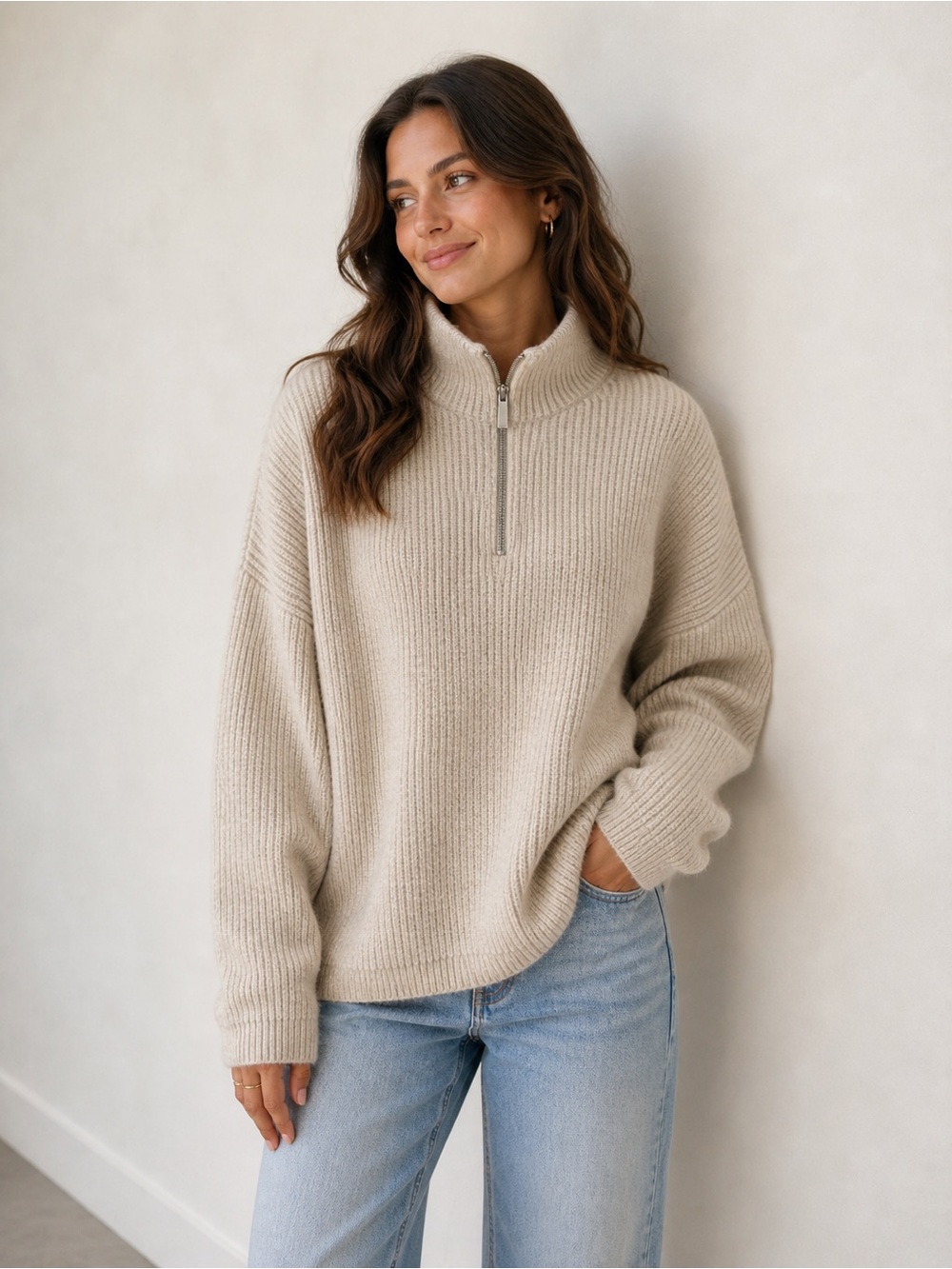 H&M Cream Ribbed Half-Zip Turtleneck Sweater